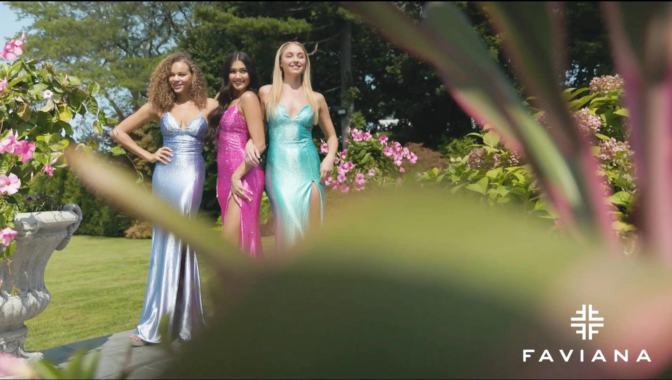 Faviana models wearing faviana prom dresses in video