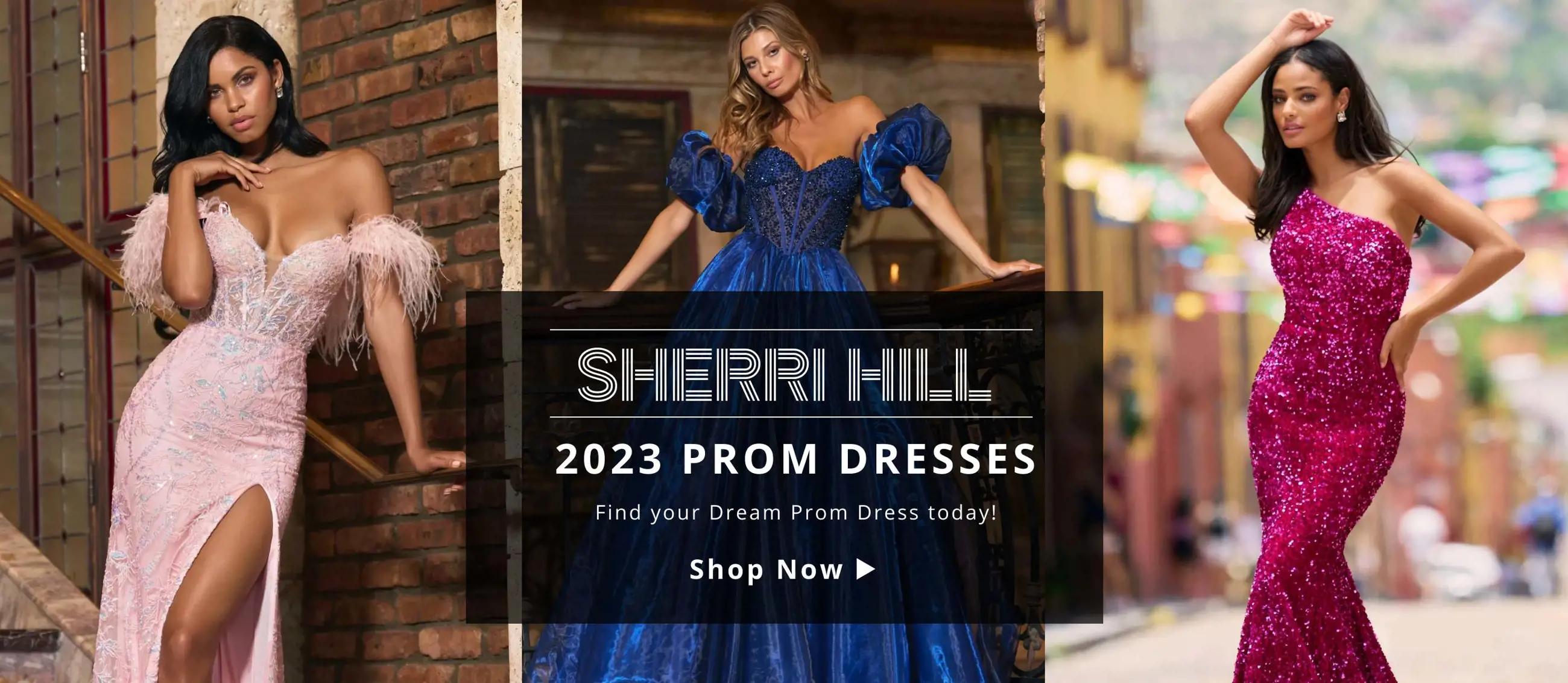 Sherri Hill Prom Dresses displayed on banner for Trudys Prom