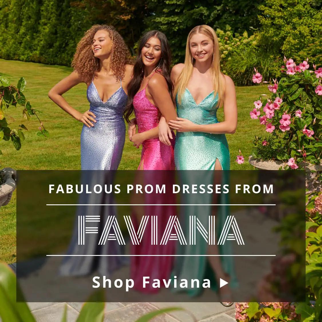 3 models wearing colorful Faviana prom dresses. Find your 2023 prom dress at Trudys Prom