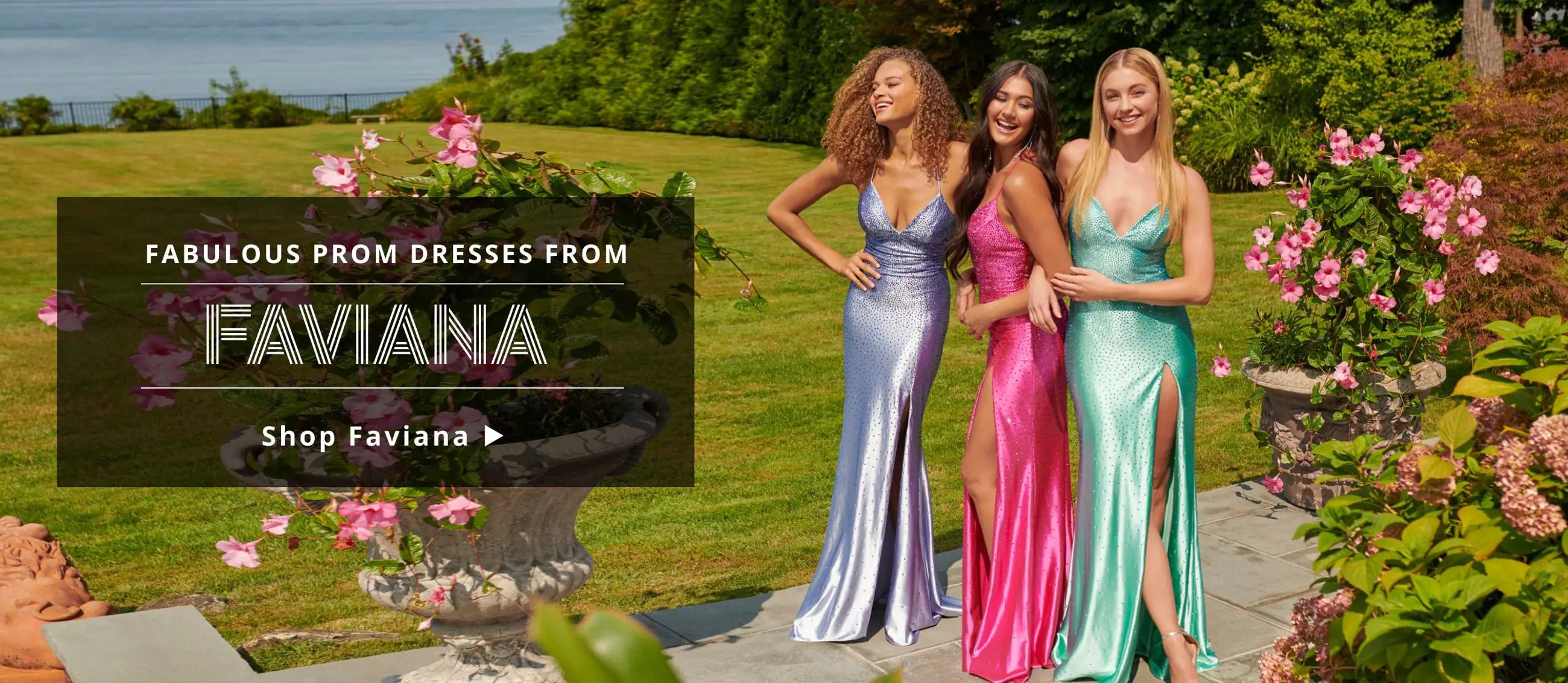 3 models wearing colorful Faviana prom dresses. Find your 2023 prom dress at Trudys Prom